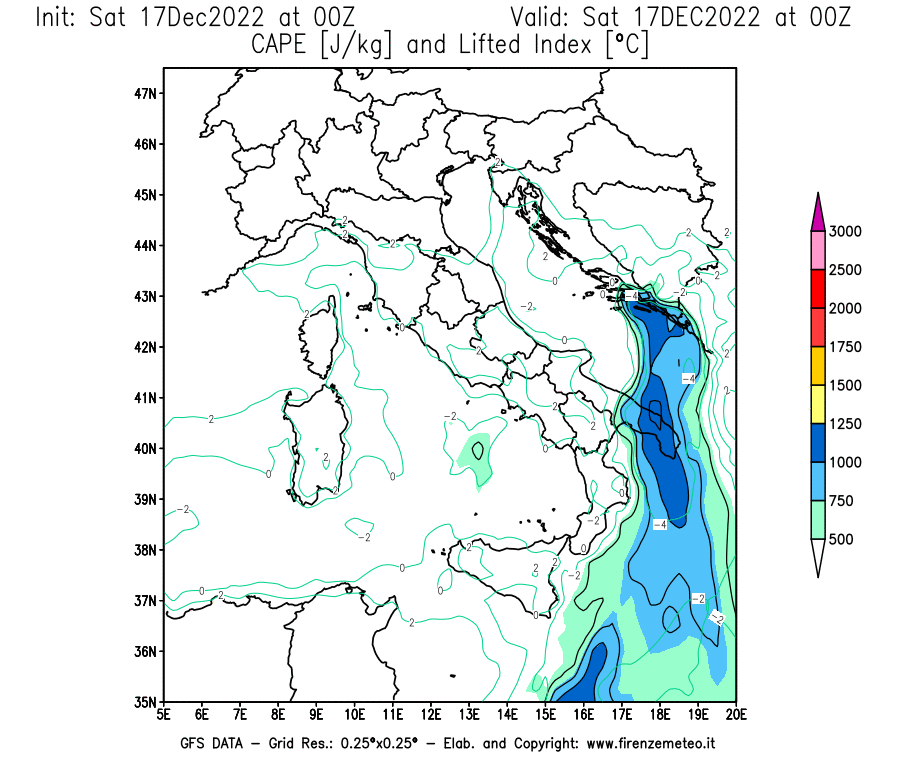 Mappa di analisi GFS - CAPE [J/kg] e Lifted Index [°C] in Italia
							del 17/12/2022 00 <!--googleoff: index-->UTC<!--googleon: index-->