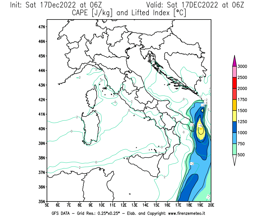 Mappa di analisi GFS - CAPE [J/kg] e Lifted Index [°C] in Italia
							del 17/12/2022 06 <!--googleoff: index-->UTC<!--googleon: index-->