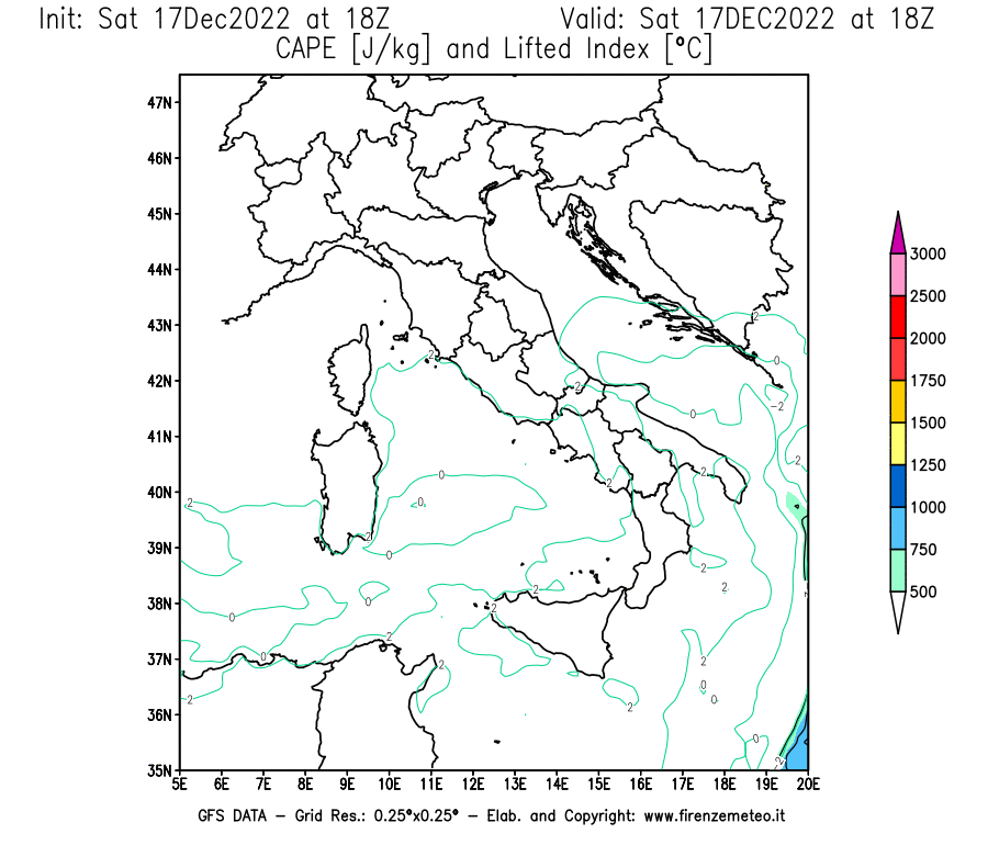 Mappa di analisi GFS - CAPE [J/kg] e Lifted Index [°C] in Italia
							del 17/12/2022 18 <!--googleoff: index-->UTC<!--googleon: index-->
