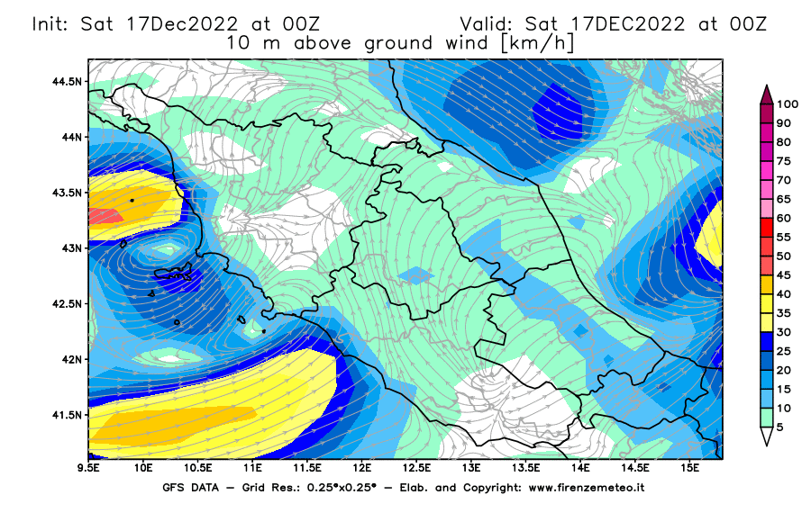 Mappa di analisi GFS - Velocità del vento a 10 metri dal suolo [km/h] in Centro-Italia
							del 17/12/2022 00 <!--googleoff: index-->UTC<!--googleon: index-->