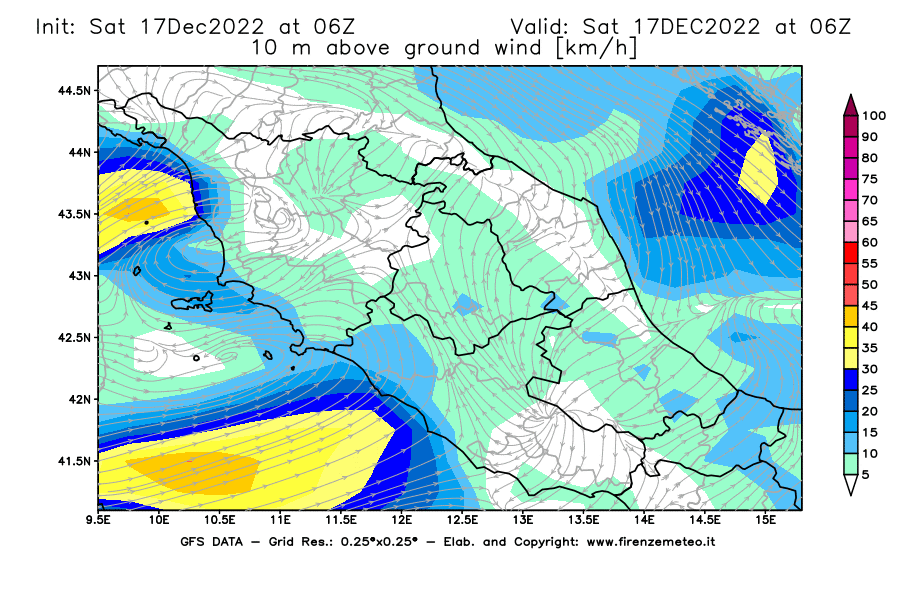 Mappa di analisi GFS - Velocità del vento a 10 metri dal suolo [km/h] in Centro-Italia
							del 17/12/2022 06 <!--googleoff: index-->UTC<!--googleon: index-->