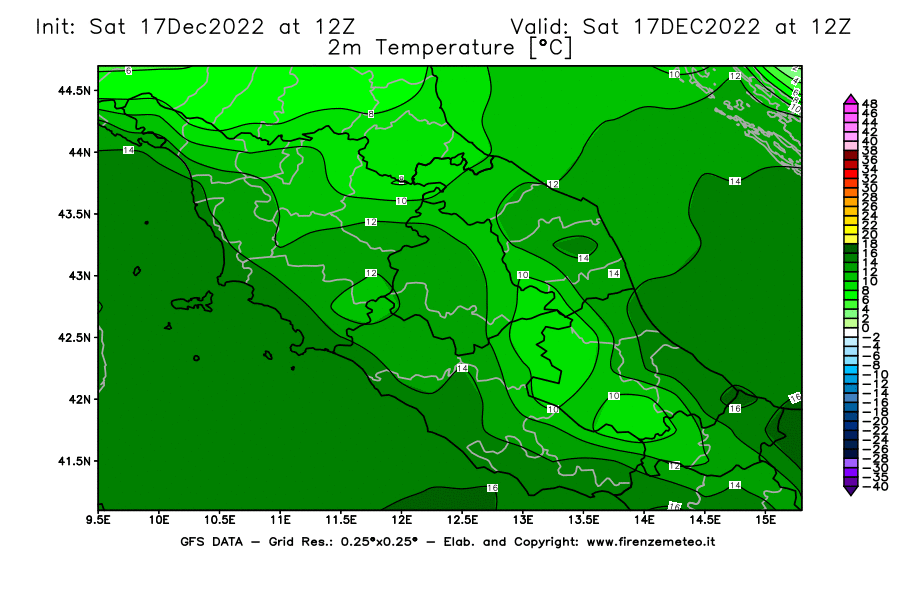 Mappa di analisi GFS - Temperatura a 2 metri dal suolo [°C] in Centro-Italia
							del 17/12/2022 12 <!--googleoff: index-->UTC<!--googleon: index-->