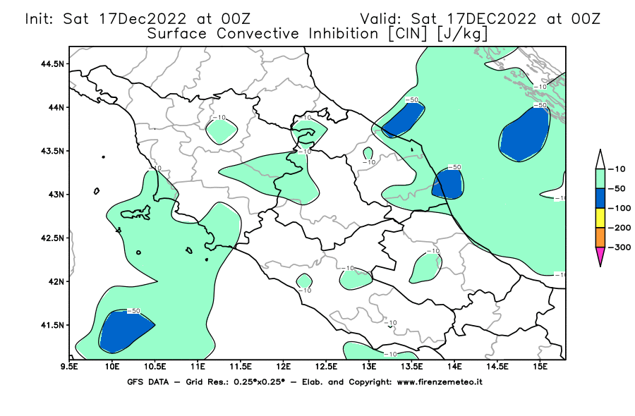Mappa di analisi GFS - CIN [J/kg] in Centro-Italia
							del 17/12/2022 00 <!--googleoff: index-->UTC<!--googleon: index-->