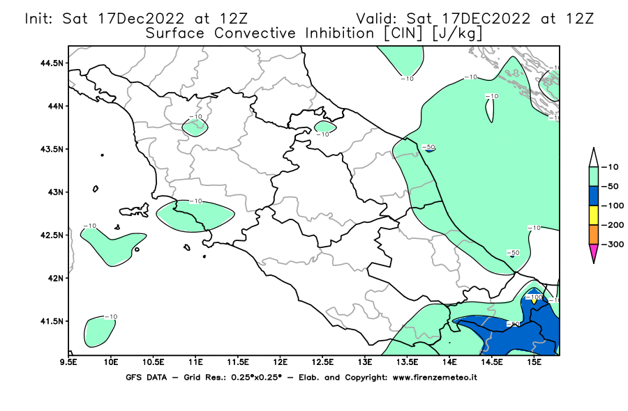 Mappa di analisi GFS - CIN [J/kg] in Centro-Italia
							del 17/12/2022 12 <!--googleoff: index-->UTC<!--googleon: index-->