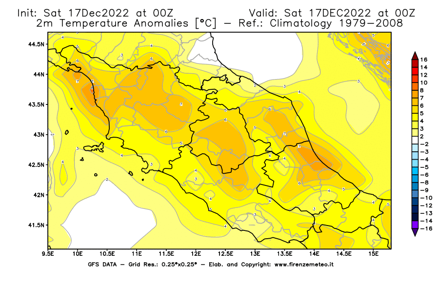 Mappa di analisi GFS - Anomalia Temperatura [°C] a 2 m in Centro-Italia
							del 17/12/2022 00 <!--googleoff: index-->UTC<!--googleon: index-->