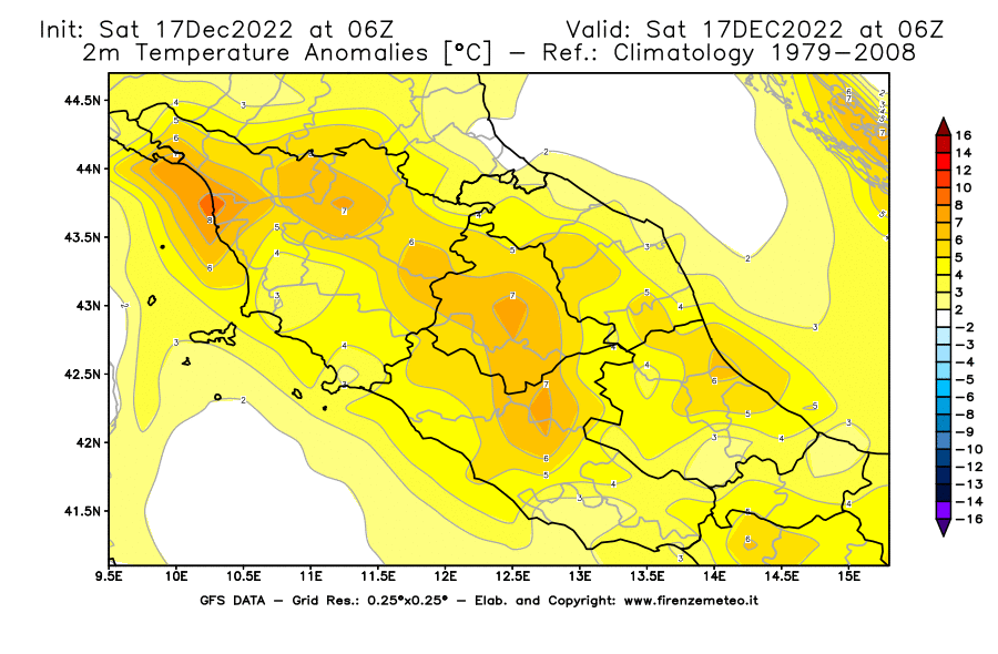 Mappa di analisi GFS - Anomalia Temperatura [°C] a 2 m in Centro-Italia
							del 17/12/2022 06 <!--googleoff: index-->UTC<!--googleon: index-->