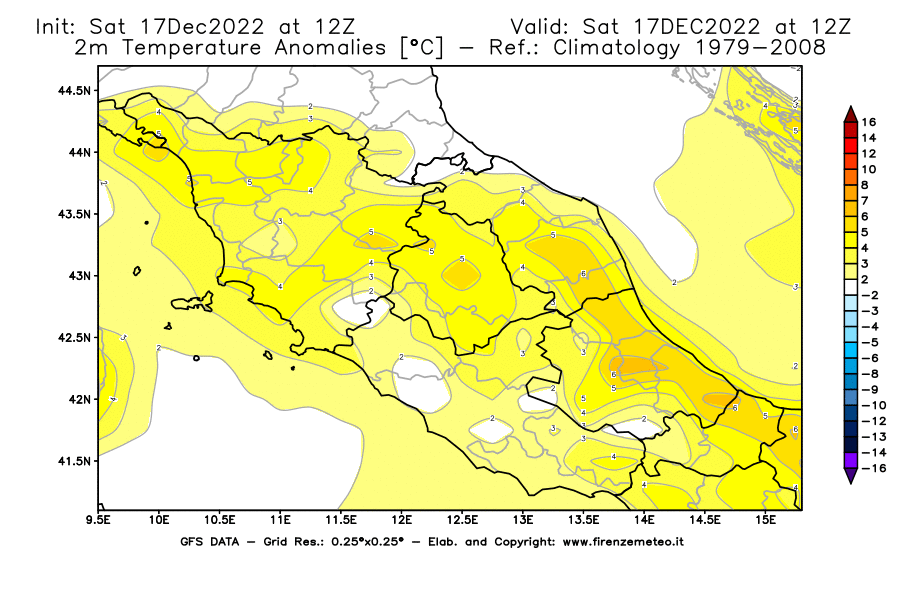 Mappa di analisi GFS - Anomalia Temperatura [°C] a 2 m in Centro-Italia
							del 17/12/2022 12 <!--googleoff: index-->UTC<!--googleon: index-->