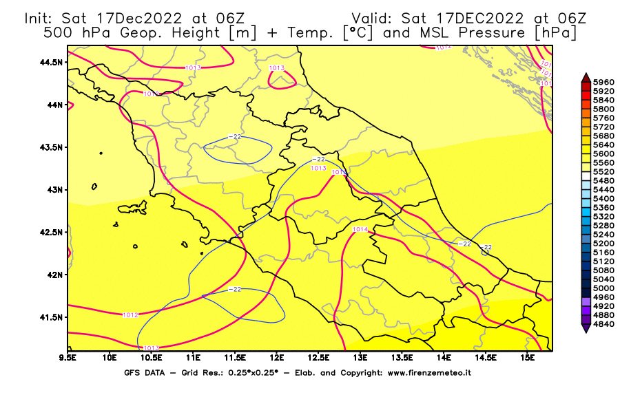 Mappa di analisi GFS - Geopotenziale [m] + Temp. [°C] a 500 hPa + Press. a livello del mare [hPa] in Centro-Italia
							del 17/12/2022 06 <!--googleoff: index-->UTC<!--googleon: index-->