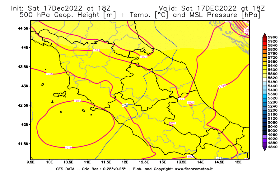 Mappa di analisi GFS - Geopotenziale [m] + Temp. [°C] a 500 hPa + Press. a livello del mare [hPa] in Centro-Italia
							del 17/12/2022 18 <!--googleoff: index-->UTC<!--googleon: index-->