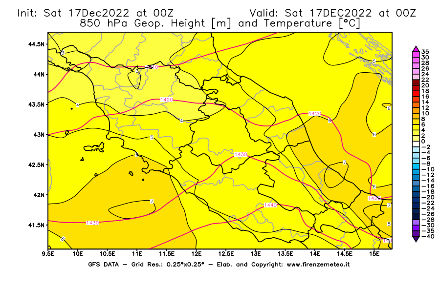Mappa di analisi GFS - Geopotenziale [m] e Temperatura [°C] a 850 hPa in Centro-Italia
							del 17/12/2022 00 <!--googleoff: index-->UTC<!--googleon: index-->