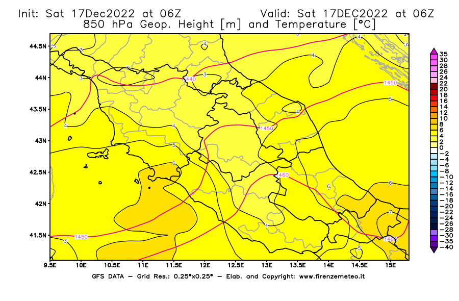 Mappa di analisi GFS - Geopotenziale [m] e Temperatura [°C] a 850 hPa in Centro-Italia
							del 17/12/2022 06 <!--googleoff: index-->UTC<!--googleon: index-->