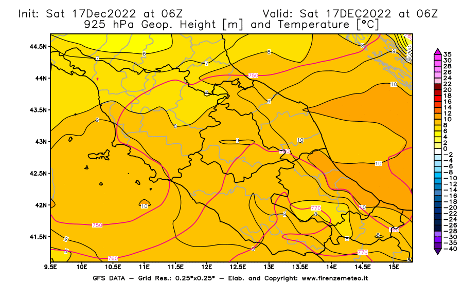Mappa di analisi GFS - Geopotenziale [m] e Temperatura [°C] a 925 hPa in Centro-Italia
							del 17/12/2022 06 <!--googleoff: index-->UTC<!--googleon: index-->