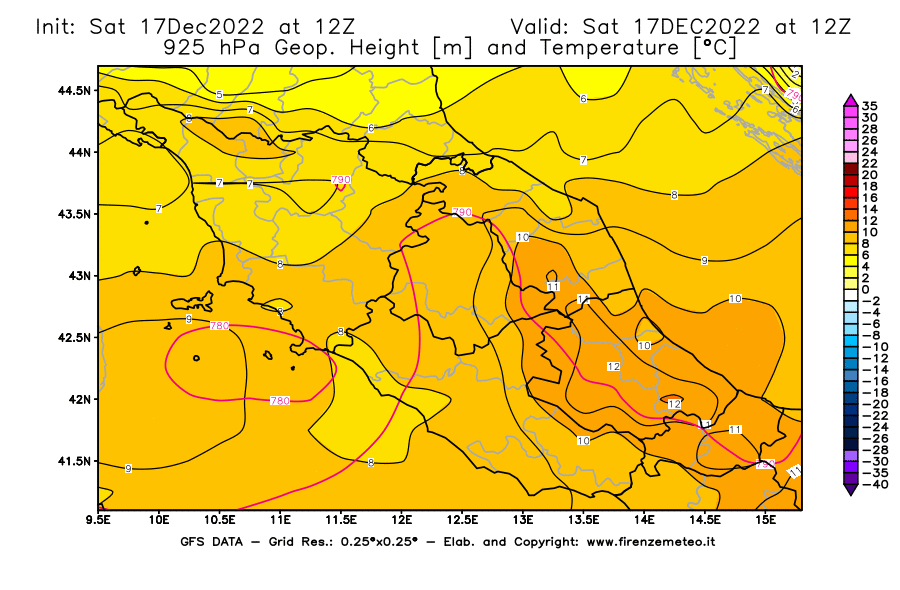 Mappa di analisi GFS - Geopotenziale [m] e Temperatura [°C] a 925 hPa in Centro-Italia
							del 17/12/2022 12 <!--googleoff: index-->UTC<!--googleon: index-->