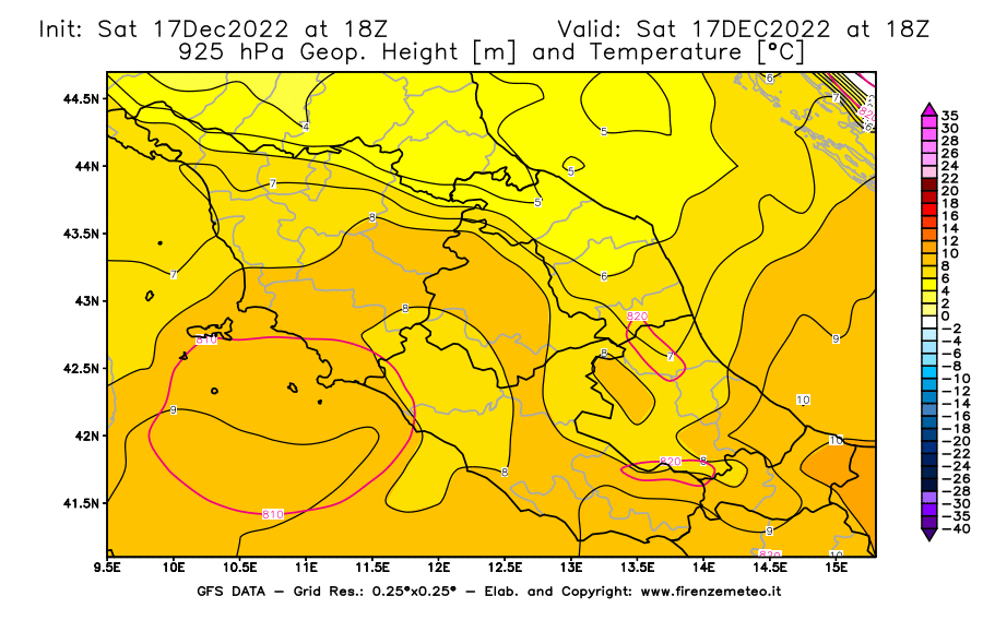Mappa di analisi GFS - Geopotenziale [m] e Temperatura [°C] a 925 hPa in Centro-Italia
							del 17/12/2022 18 <!--googleoff: index-->UTC<!--googleon: index-->