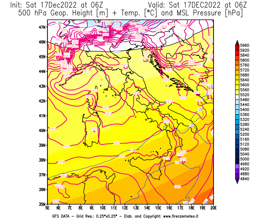 Mappa di analisi GFS - Geopotenziale [m] + Temp. [°C] a 500 hPa + Press. a livello del mare [hPa] in Italia
							del 17/12/2022 06 <!--googleoff: index-->UTC<!--googleon: index-->