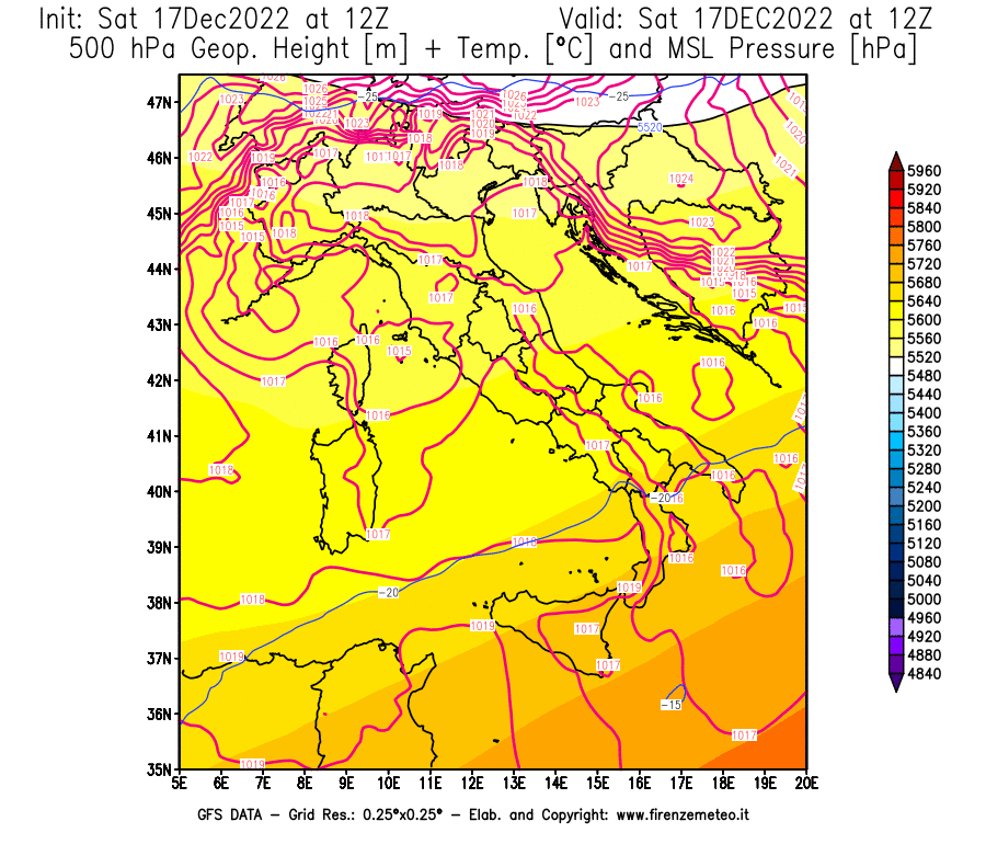 Mappa di analisi GFS - Geopotenziale [m] + Temp. [°C] a 500 hPa + Press. a livello del mare [hPa] in Italia
							del 17/12/2022 12 <!--googleoff: index-->UTC<!--googleon: index-->