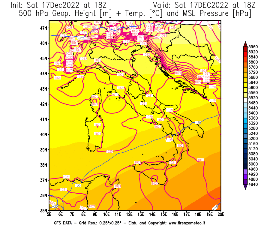 Mappa di analisi GFS - Geopotenziale [m] + Temp. [°C] a 500 hPa + Press. a livello del mare [hPa] in Italia
							del 17/12/2022 18 <!--googleoff: index-->UTC<!--googleon: index-->