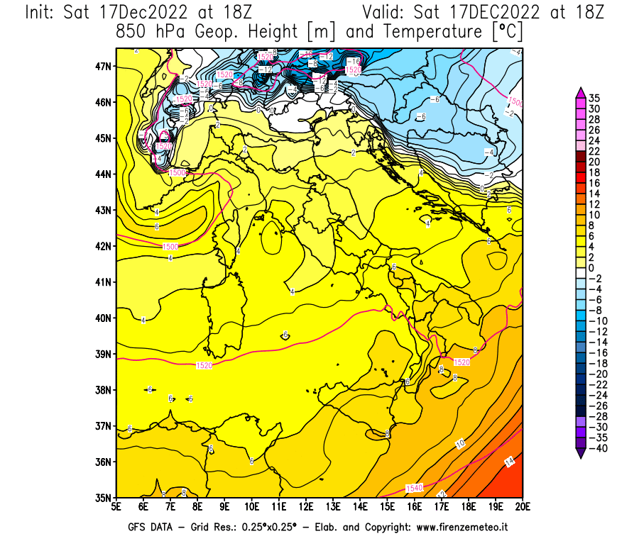 Mappa di analisi GFS - Geopotenziale [m] e Temperatura [°C] a 850 hPa in Italia
							del 17/12/2022 18 <!--googleoff: index-->UTC<!--googleon: index-->