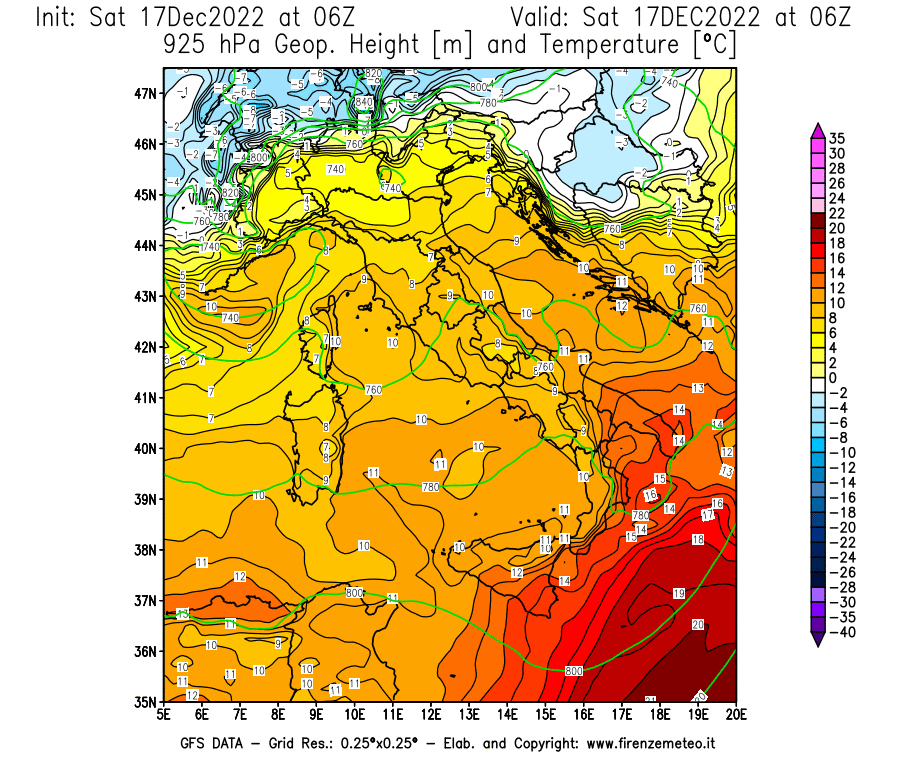 Mappa di analisi GFS - Geopotenziale [m] e Temperatura [°C] a 925 hPa in Italia
							del 17/12/2022 06 <!--googleoff: index-->UTC<!--googleon: index-->
