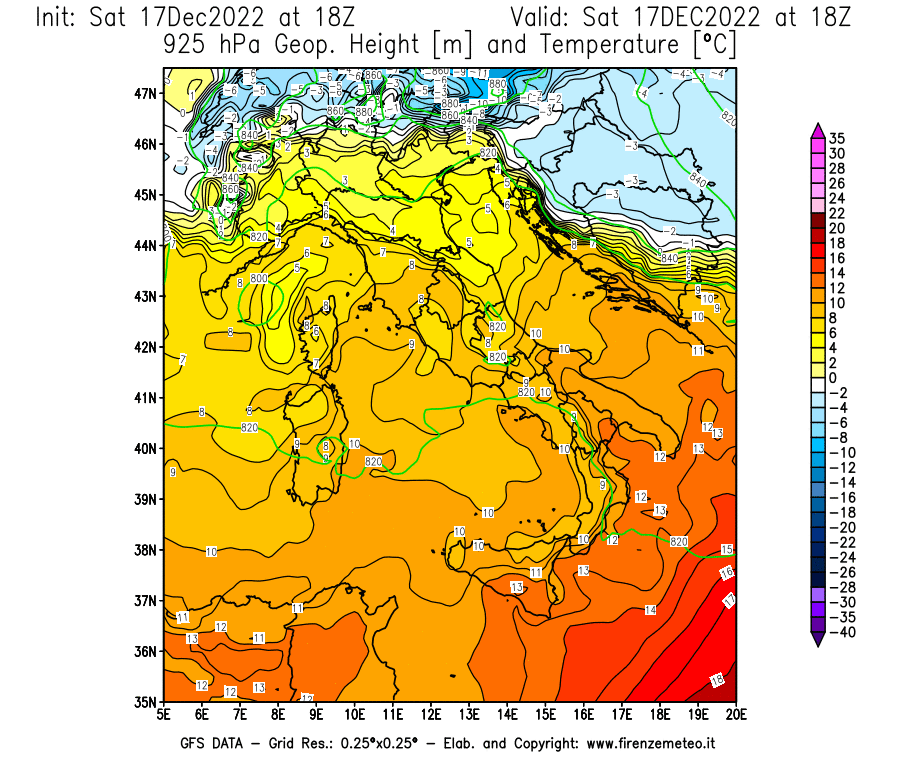 Mappa di analisi GFS - Geopotenziale [m] e Temperatura [°C] a 925 hPa in Italia
							del 17/12/2022 18 <!--googleoff: index-->UTC<!--googleon: index-->