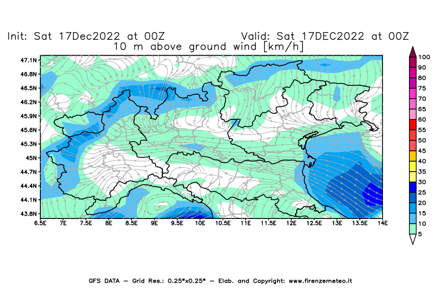 Mappa di analisi GFS - Velocità del vento a 10 metri dal suolo [km/h] in Nord-Italia
							del 17/12/2022 00 <!--googleoff: index-->UTC<!--googleon: index-->