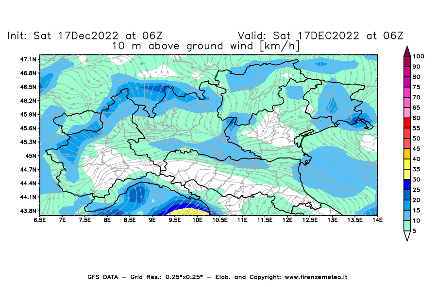 Mappa di analisi GFS - Velocità del vento a 10 metri dal suolo [km/h] in Nord-Italia
							del 17/12/2022 06 <!--googleoff: index-->UTC<!--googleon: index-->