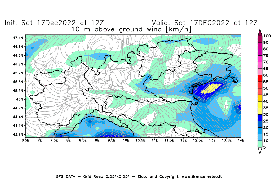 Mappa di analisi GFS - Velocità del vento a 10 metri dal suolo [km/h] in Nord-Italia
							del 17/12/2022 12 <!--googleoff: index-->UTC<!--googleon: index-->