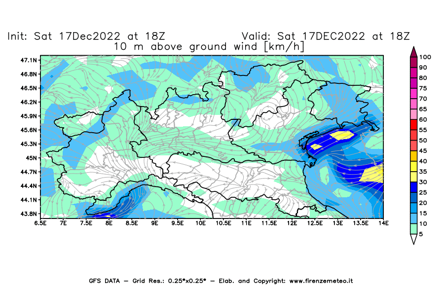 Mappa di analisi GFS - Velocità del vento a 10 metri dal suolo [km/h] in Nord-Italia
							del 17/12/2022 18 <!--googleoff: index-->UTC<!--googleon: index-->