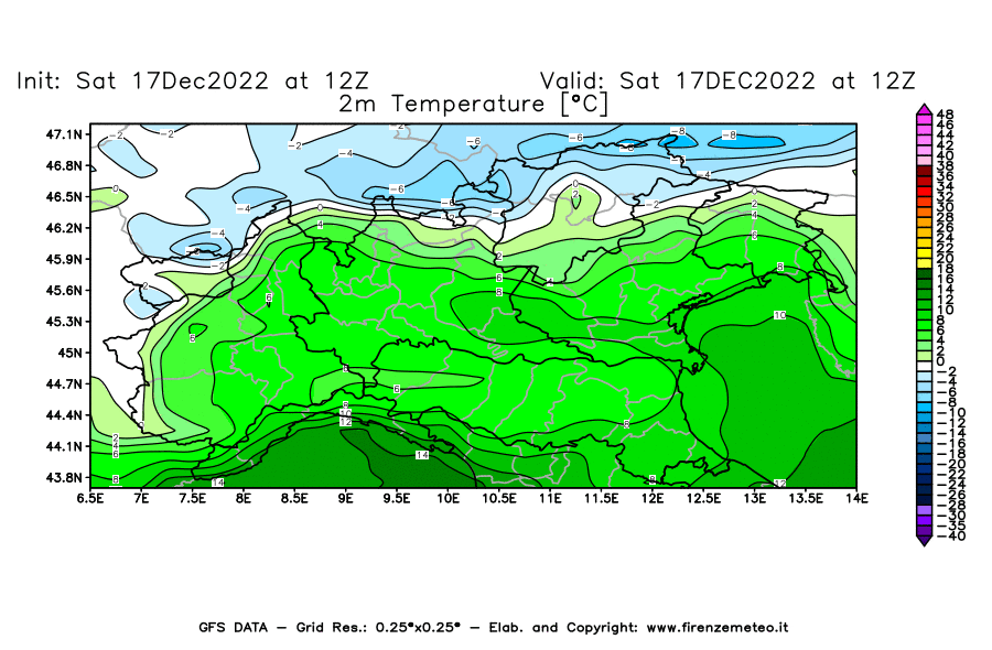 Mappa di analisi GFS - Temperatura a 2 metri dal suolo [°C] in Nord-Italia
							del 17/12/2022 12 <!--googleoff: index-->UTC<!--googleon: index-->