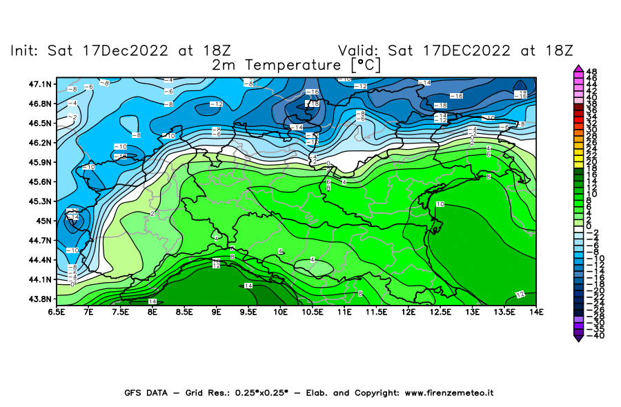 Mappa di analisi GFS - Temperatura a 2 metri dal suolo [°C] in Nord-Italia
							del 17/12/2022 18 <!--googleoff: index-->UTC<!--googleon: index-->