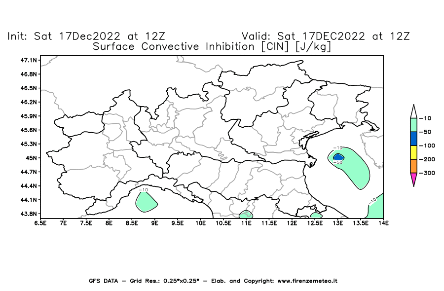 Mappa di analisi GFS - CIN [J/kg] in Nord-Italia
							del 17/12/2022 12 <!--googleoff: index-->UTC<!--googleon: index-->
