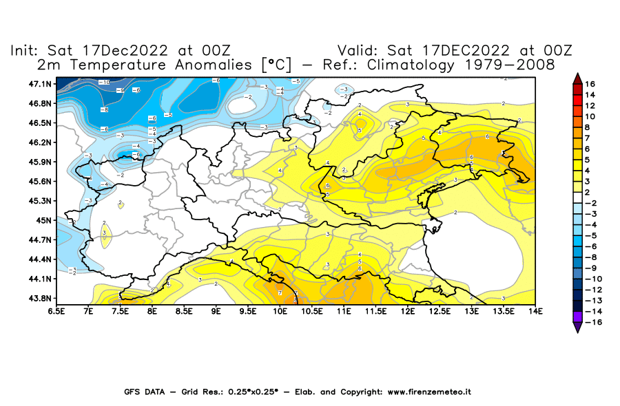 Mappa di analisi GFS - Anomalia Temperatura [°C] a 2 m in Nord-Italia
							del 17/12/2022 00 <!--googleoff: index-->UTC<!--googleon: index-->