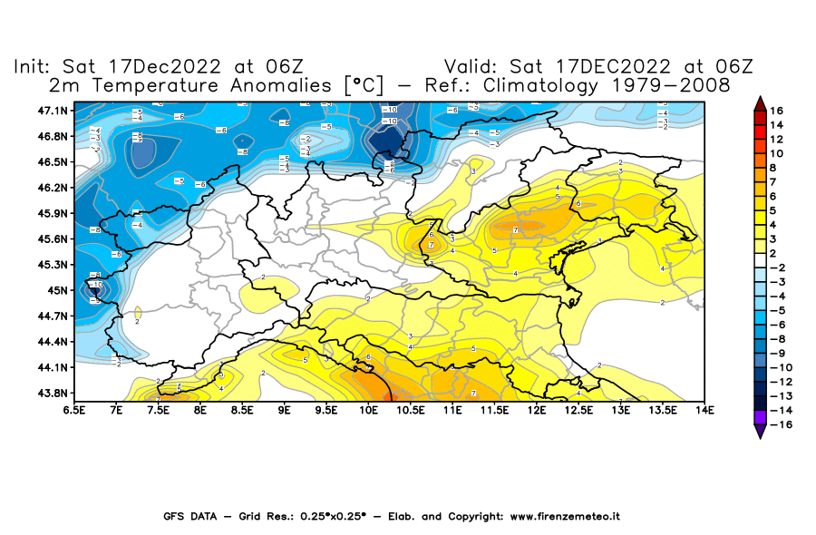 Mappa di analisi GFS - Anomalia Temperatura [°C] a 2 m in Nord-Italia
							del 17/12/2022 06 <!--googleoff: index-->UTC<!--googleon: index-->
