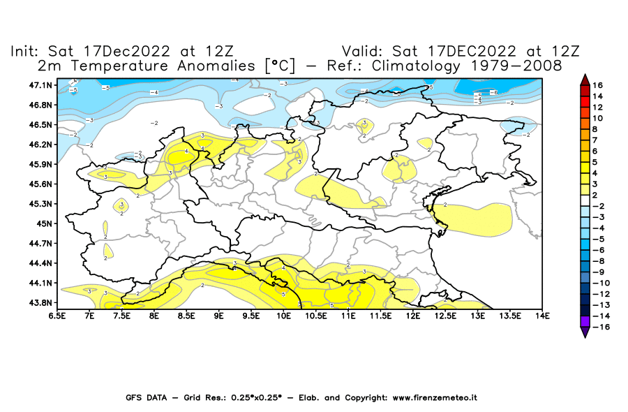Mappa di analisi GFS - Anomalia Temperatura [°C] a 2 m in Nord-Italia
							del 17/12/2022 12 <!--googleoff: index-->UTC<!--googleon: index-->