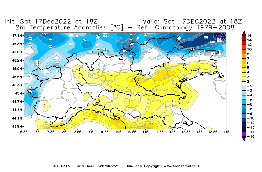 Mappa di analisi GFS - Anomalia Temperatura [°C] a 2 m in Nord-Italia
							del 17/12/2022 18 <!--googleoff: index-->UTC<!--googleon: index-->