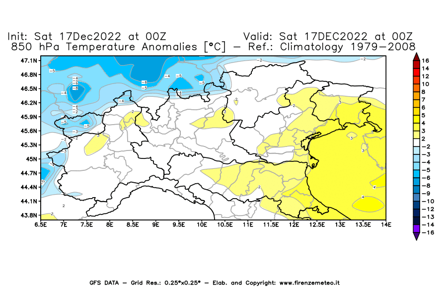 Mappa di analisi GFS - Anomalia Temperatura [°C] a 850 hPa in Nord-Italia
							del 17/12/2022 00 <!--googleoff: index-->UTC<!--googleon: index-->