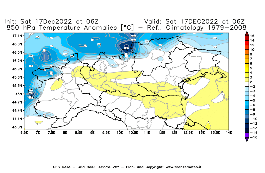 Mappa di analisi GFS - Anomalia Temperatura [°C] a 850 hPa in Nord-Italia
							del 17/12/2022 06 <!--googleoff: index-->UTC<!--googleon: index-->