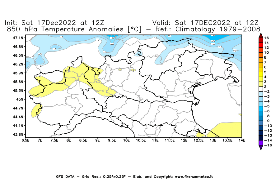 Mappa di analisi GFS - Anomalia Temperatura [°C] a 850 hPa in Nord-Italia
							del 17/12/2022 12 <!--googleoff: index-->UTC<!--googleon: index-->