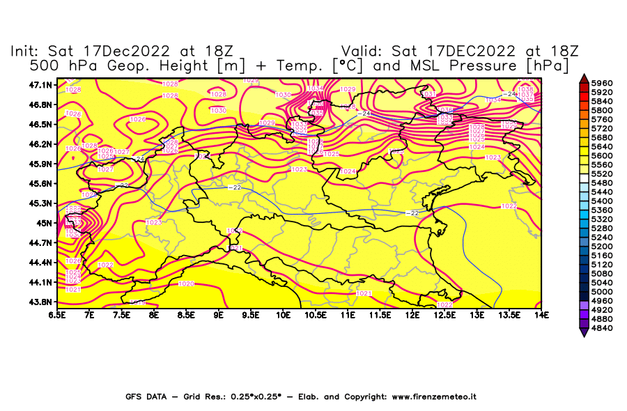 Mappa di analisi GFS - Geopotenziale [m] + Temp. [°C] a 500 hPa + Press. a livello del mare [hPa] in Nord-Italia
							del 17/12/2022 18 <!--googleoff: index-->UTC<!--googleon: index-->