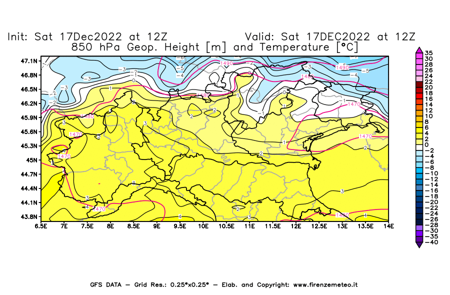 Mappa di analisi GFS - Geopotenziale [m] e Temperatura [°C] a 850 hPa in Nord-Italia
							del 17/12/2022 12 <!--googleoff: index-->UTC<!--googleon: index-->