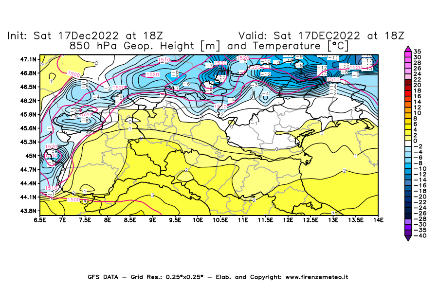 Mappa di analisi GFS - Geopotenziale [m] e Temperatura [°C] a 850 hPa in Nord-Italia
							del 17/12/2022 18 <!--googleoff: index-->UTC<!--googleon: index-->