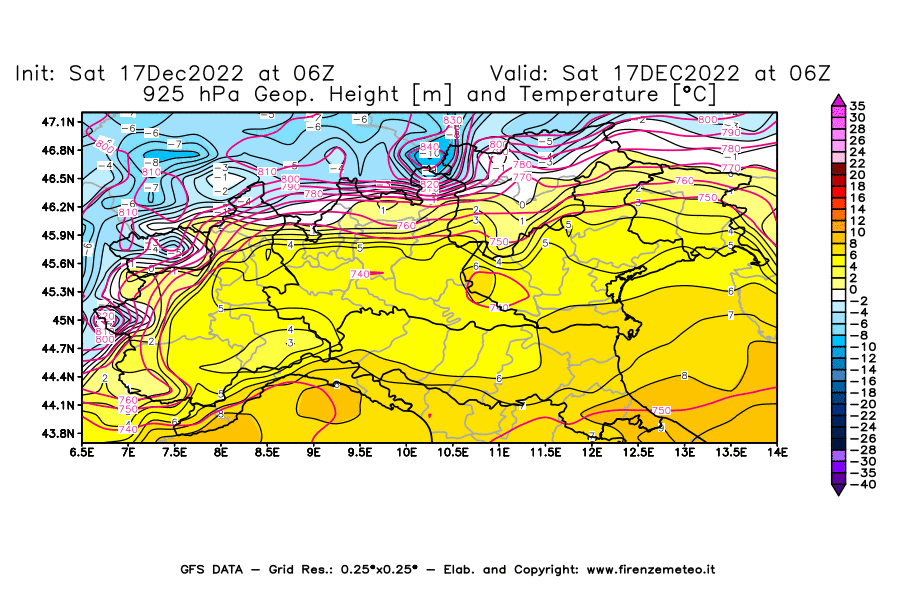 Mappa di analisi GFS - Geopotenziale [m] e Temperatura [°C] a 925 hPa in Nord-Italia
							del 17/12/2022 06 <!--googleoff: index-->UTC<!--googleon: index-->