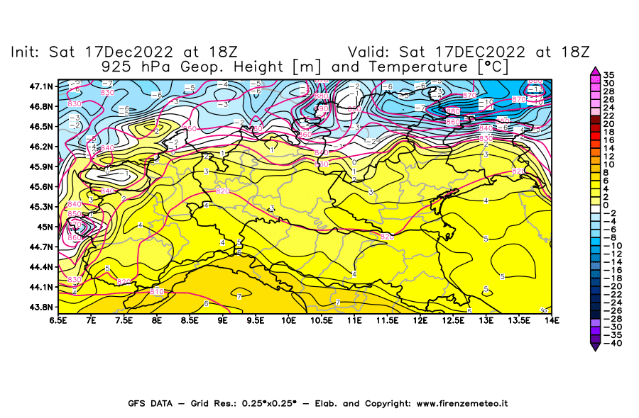 Mappa di analisi GFS - Geopotenziale [m] e Temperatura [°C] a 925 hPa in Nord-Italia
							del 17/12/2022 18 <!--googleoff: index-->UTC<!--googleon: index-->