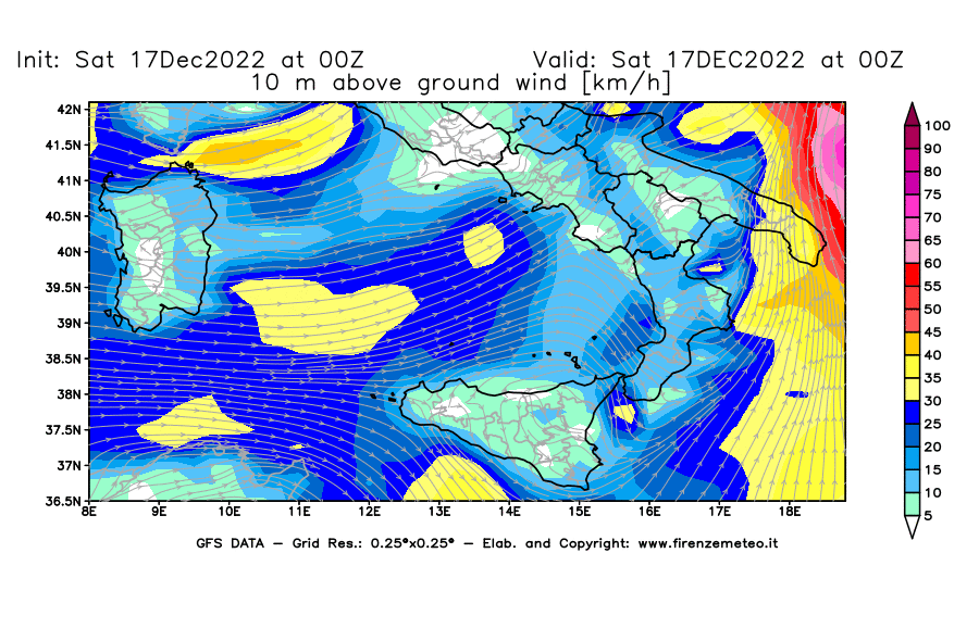 Mappa di analisi GFS - Velocità del vento a 10 metri dal suolo [km/h] in Sud-Italia
							del 17/12/2022 00 <!--googleoff: index-->UTC<!--googleon: index-->