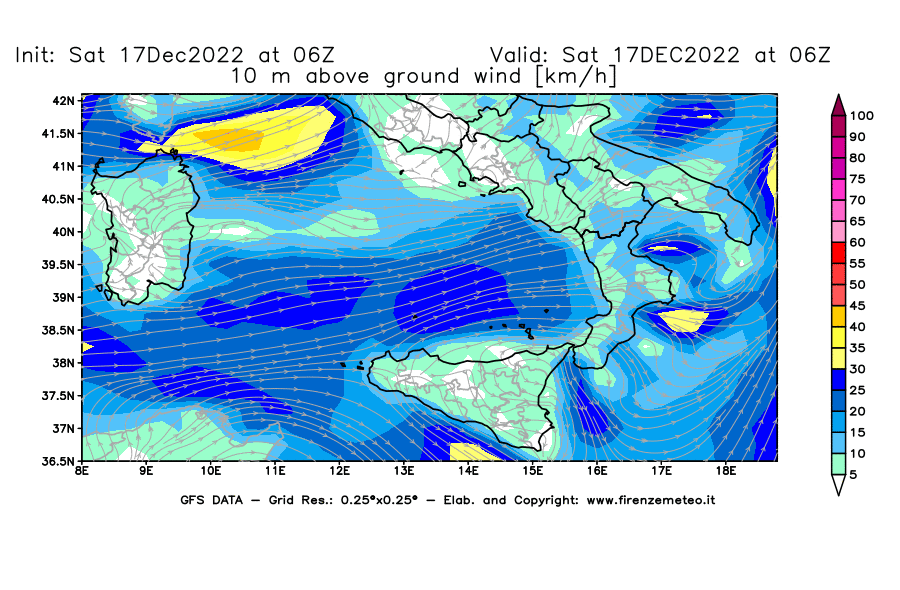 Mappa di analisi GFS - Velocità del vento a 10 metri dal suolo [km/h] in Sud-Italia
							del 17/12/2022 06 <!--googleoff: index-->UTC<!--googleon: index-->