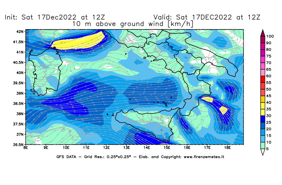 Mappa di analisi GFS - Velocità del vento a 10 metri dal suolo [km/h] in Sud-Italia
							del 17/12/2022 12 <!--googleoff: index-->UTC<!--googleon: index-->