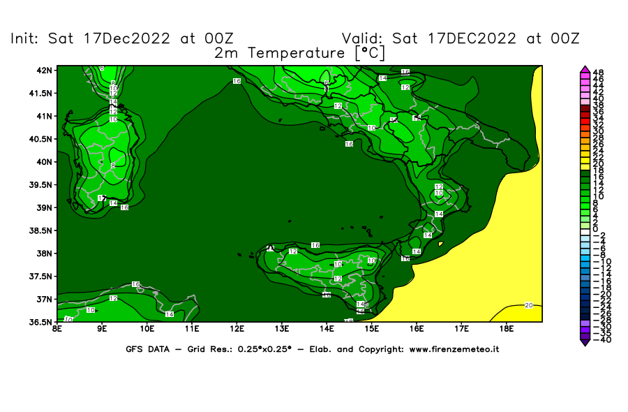 Mappa di analisi GFS - Temperatura a 2 metri dal suolo [°C] in Sud-Italia
							del 17/12/2022 00 <!--googleoff: index-->UTC<!--googleon: index-->