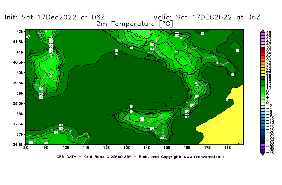 Mappa di analisi GFS - Temperatura a 2 metri dal suolo [°C] in Sud-Italia
							del 17/12/2022 06 <!--googleoff: index-->UTC<!--googleon: index-->