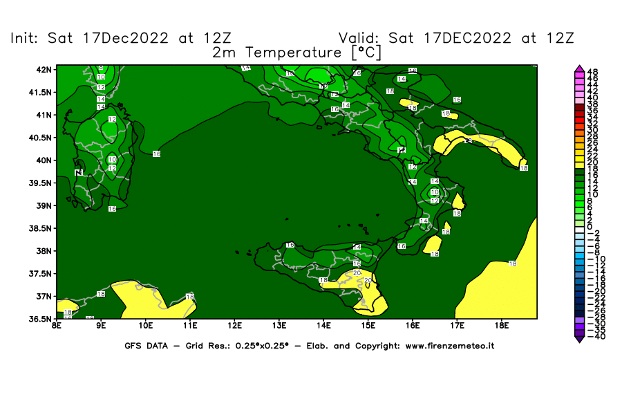Mappa di analisi GFS - Temperatura a 2 metri dal suolo [°C] in Sud-Italia
							del 17/12/2022 12 <!--googleoff: index-->UTC<!--googleon: index-->