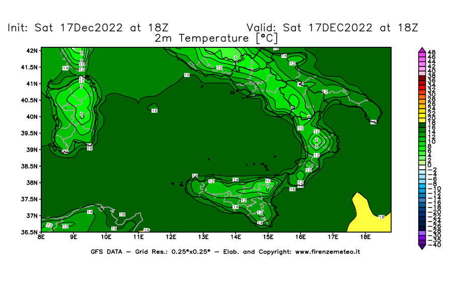 Mappa di analisi GFS - Temperatura a 2 metri dal suolo [°C] in Sud-Italia
							del 17/12/2022 18 <!--googleoff: index-->UTC<!--googleon: index-->